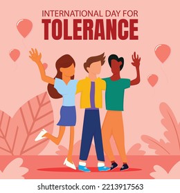 illustration vector graphic of three friends standing together waving, perfect for international day for tolerance, celebrate, greeting card, etc.