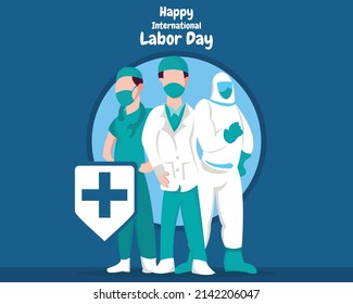 Illustration Vector Graphic Of Three Medical Personnel Standing Together, Perfect For Labor Day, Medical, Pharmacy, Holiday, Greeting Card, Etc.