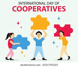 ilustración vectorial de tres personas portando diferentes piezas de rompecabezas, perfecto para el día internacional, día internacional de las cooperativas, celebración, tarjeta de saludo, etc.