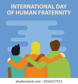 illustration vector graphic of three people embracing each other, perfect for international day, human fraternity, celebrate, greeting card, etc.