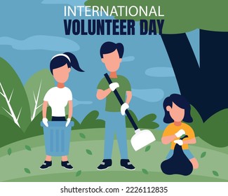 illustration vector graphic of three young volunteers are cleaning up trash in the garden, perfect for international day, international volunteer day, economic and social development, celebrate.