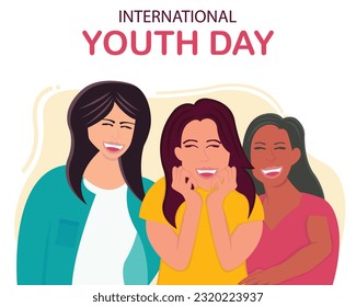 illustration vector graphic of three young women laughing together, perfect for international day, international youth day, celebrate, greeting card, etc.