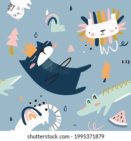 Illustration vector graphic of tiger with bear and friends, perfect for fabric or object pattern, background etc.