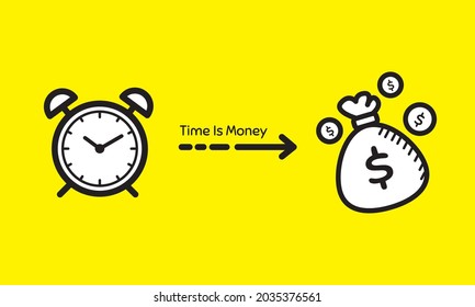 Gráfico vectorial de ilustración de "El tiempo es dinero" en estilo de arte de doodle. Adecuado para poner en práctica el contenido de motivación empresarial.