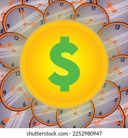 Ilustración vectorial del tiempo es dinero en forma de monedas de oro y relojes de pared, adecuados para presentaciones, educación y más.