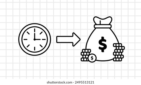 Ilustración Vector gráfico de "Time is Money" en estilo de pizarra lineal. Adecuado para colocar en el contenido de motivación empresarial.