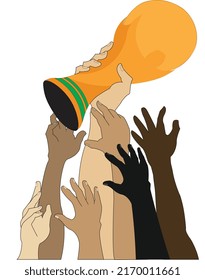 illustration vector graphic of together to win, and illustration of a hand holding a trophy. perfect for poster, banner, sticker, t shirt design and etc