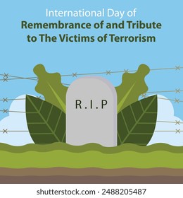 illustration vector graphic of tombstones behind barbed wire walls, perfect for international day, remembrance of and tribute, the victims of terrorism, celebrate, greeting card, etc.