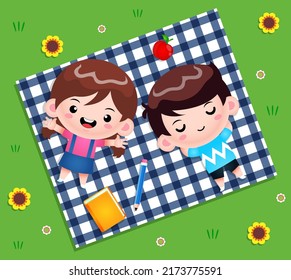 Illustration vector graphic of Top View Of Kids Having Picnic Lying On A Grass. Perfect for children books cover, children book illustration,game illustrations, game asset,animation,etc