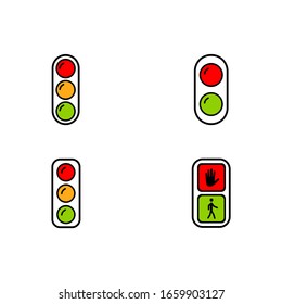 Illustration Vector Graphic of traffic light in Cartoon with symbol in yellow, red, and green color sign, perfect for icon set