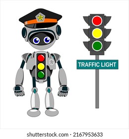 illustration vector graphic of traffic light police robot with red,yellow,green light on. Perfect for poster image, pictures in children's books, ect.