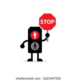 illustration vector graphic of traffic lights for pedestrians holding a red sign that reads STOP red lights with a silhouette picture people standing still, suitable for learning logos and symbols