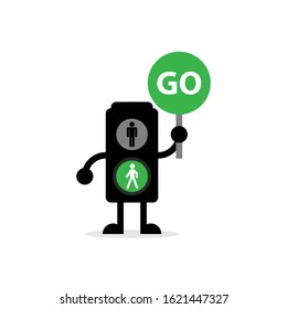  illustration vector graphic of traffic lights for pedestrians holding green boards that read GO lights up in green with silhouette pictures of people walking, suitable for learning logos and symbols