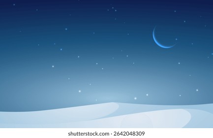 illustration vector graphic of a tranquil night sky with crescent moon and stars over soft hills. perfect for fantasy themes, bedtime stories, and peaceful digital art.