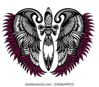 Illustration vector graphic of tribal art design sword wings for tattoo