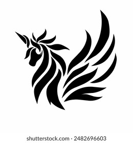 illustration vector graphic of tribal art design unicorn horse head tattoo with wings