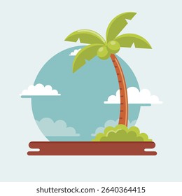 illustration vector graphic of a tropical coconut palm tree on a small island with cloudy sky background. perfect for travel themes, beach holidays, and summer destinations.
