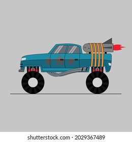 Illustration vector graphic of a truck monster with a rocket behind it. Suitable for children's book covers, 
screen printing on clothes, inspiration, collections, etc.