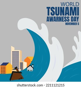 illustration vector graphic of tsunami waves hit cities, perfect for international day, world tsunami awarness day, celebrate, greeting card, etc.