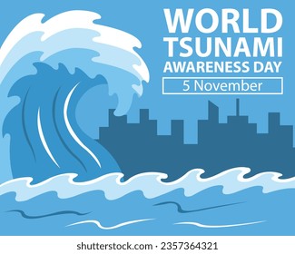 ilustración vectorial de olas de tsunami, mostrando la silueta de rascacielos, perfecto para el día internacional, celebrar, tarjetas de saludo, etc.

