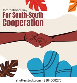 Illustration Vector Graphic Of Two Black Hands Holding Each Other, Showing Leaves Background, Perfect For International Day, South South Cooperation, Celebrate, Greeting Card, Etc.