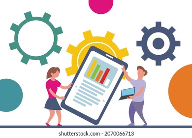illustration vector graphic of two boys and girls holding big smartphones containing diagram reports so they don't fall down, perfect for technology, computer, internet, busieness, etc.

