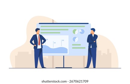 Illustration Vektorgrafik von zwei Geschäftsleuten, die Diagramme und Grafiken auf einem Präsentationsboard diskutieren, perfekt für Geschäftstreffen, Datenanalyse, Teamarbeit und Unternehmensstrategie-Konzepte.
