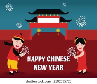 illustration vector graphic of two children are setting off fireworks in front of the china gate, perfect for chinese day, religion, holiday, culture, greeting card, etc.

