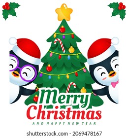 Illustration vector graphic of Two Cute Penguins Celebrating Christmas And New Year. Perfect for christmas card, banner, poster, children books cover, children book illustration, etc.