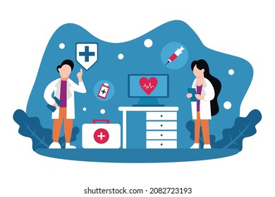 illustration vector graphic of two doctors are monitoring the heart rate monitor screen, showing medical equipment, perfect for medical, healthy, pharmacy, hospital, etc.

