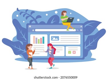 ilustración vectorial de dos empleados discutiendo la gestión de una web, mostrando gráficos e imágenes, perfecto para tecnología, internet, computadora, negocios, etc.

