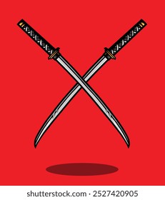 Illustration vector graphic of two grey katana with typical Japanese patterns. Perfect for icon of strength and sharpness