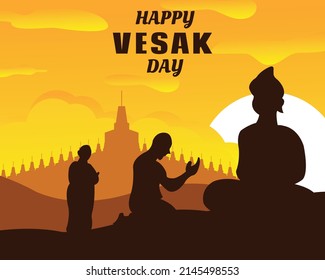 illustration vector graphic of two monks praying in front of the buddha, displaying the temple in the mountains, perfect for religion, holiday, culture, tradition, vesak day, greeting card, etc.