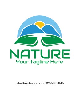 illustration vector graphic of two mountains in a stretch of green fields, showing the sunrise in the blue sky, perfect for nature, adventure, camp, resort, holiday, tourism, travel, journey, etc.

