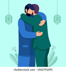 Illustration vector graphic of two people hugging each other, signifying mutual forgiveness. Perfect for logos, web pages, Eid Al - Fitr Mubarak themed banners.