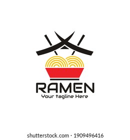 illustration vector graphic of two yellow noodles skewered with chopsticks in a red bowl, perfect for ramen, noodle, fast food, food, restaurant, cafe, resto, etc.