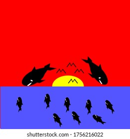 illustration vector graphic of underwater whale activities such as foraging or jumping at sunrise or sunset