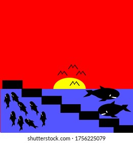 illustration vector graphic of underwater whale activities such as foraging or jumping at sunrise or sunset