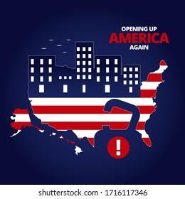 Illustration vector graphic of United States map with padlock symbol inside. Flag map of United States of America on dark blue background. Opening up America Again and reopening economies concepts.