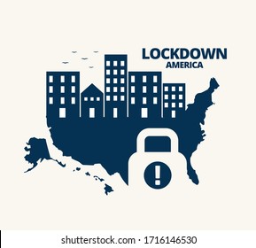 Illustration vector graphic of United States map with padlock symbol inside.The Buildings on map of United States of America.Opening up America Again and reopening economies concepts.