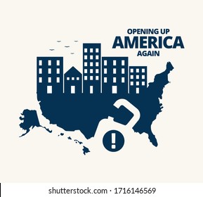 Illustration vector graphic of United States map with padlock symbol inside.The Buildings on map of United States of America.Opening up America Again and reopening economies concepts.