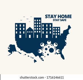 Ilustración vectorial gráfico del mapa de Estados Unidos con el símbolo del coronavirus (COVID-19) dentro. Los edificios en el mapa azul de los Estados Unidos de América aislados. Quédate en casa y mantente seguro conceptos.Estilo plano.