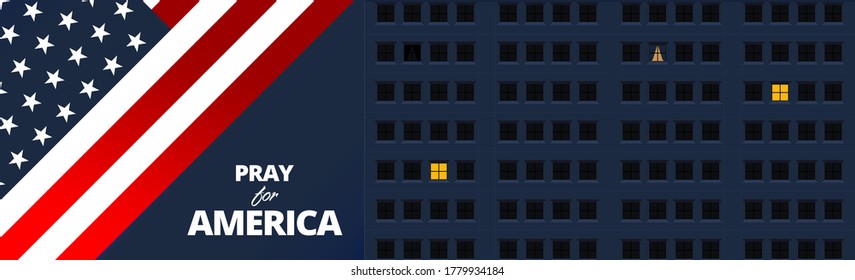 Illustration vector graphic of United States of America (USA) flag symbol on blue building background. Pray for America concept. Flat style. Abstract background for banner or poster design.