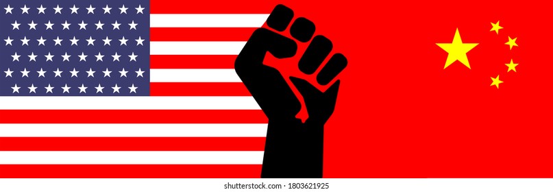 Illustration vector graphic of United States flag,China flag and a human hand with a clenched fist held raise in the air. US and China trade talk economy, Trade war between China and America concepts.