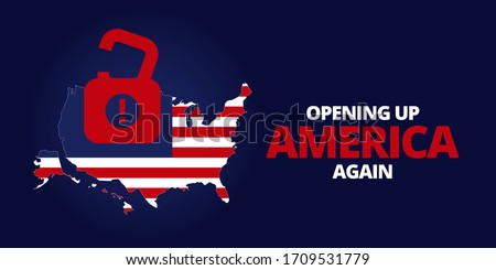 Illustration vector graphic of United States map with padlock symbol inside. Flag map of United States of America on dark blue background. Opening up America Again and reopening economies concepts.