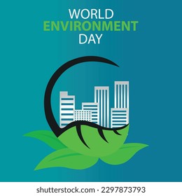 illustration vector graphic of urban buildings behind green leaves, perfect for international day, world environment day, celebrate, greeting card, etc.