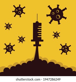  Illustration vector graphic of vaccine injection launch to the sky | vaccine injection launch looks like rocket.