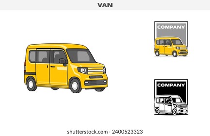 Gráfico vectorial de ilustración de Van Car, variación de color en blanco y negro, vector de plantilla de distintivo de logotipo