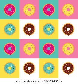 Illustration vector graphic of variant donuts make a pattern. Good to place as cafe or food court wallpaper.