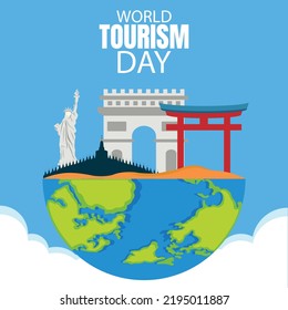ilustración vectorial de varios íconos de viajes mundiales en la mitad del planeta tierra, perfecto para el día mundial del turismo, celebración, tarjeta de saludo, etc.